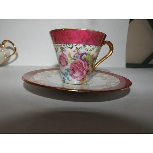 Porzellanmalerei Parbus Demitasse Set for Two - 8 Pieces Gold Trim Floral 1914 - Picture 4 of 11